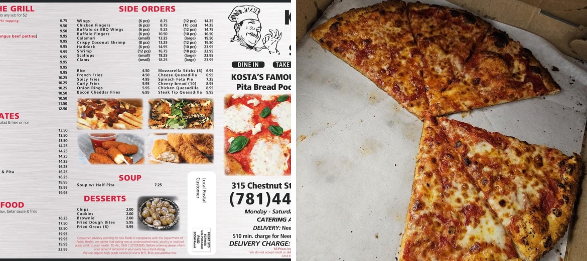 Kostas Pizza & Seafood Menu